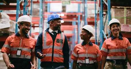 Team, conversation and walking in warehouse for logistics plan, distribution and collaboration. People, smile and discussion in factory with PPE for supply chain update, shipping and export feedback. - Powered by Adobe