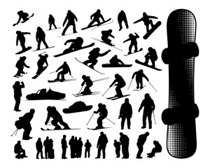 Fototapeta premium “Extreme sport silhouette illustrations in vector format, capturing motion and energy of athletes in skateboarding, BMX, snowboarding, and surfing, suitable for posters, apparel, and graphic projects.