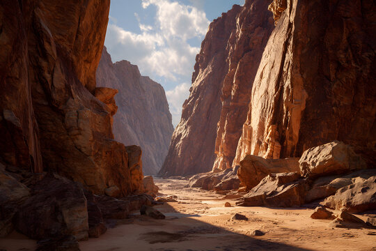 Stunning desert canyon with towering cliffs under a dramatic sky at sunset - Powered by Adobe