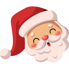 Charming Cartoon Santa Claus Face with Red Hat and White Beard Smiling in Festive Cheer with Closed Eyes and Blushing Cheeks on Transparent Background