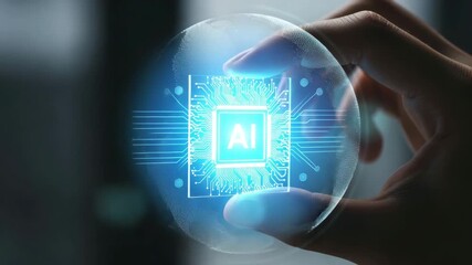 Hand holding a glowing blue chip with the letters ai, symbolizing artificial intelligence and technology