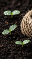 New Beginnings - Seedlings Sprout in Rich Soil with Twine.
