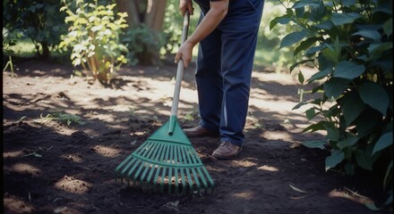 Person Raking Leaves in Garden with Green Rake.
