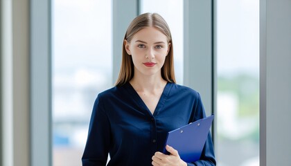 Confident businesswoman professional in casual attire holding document file, standing near large windows in modern corporate office space