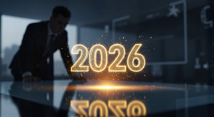 Businessman examining 2026 projections on glass table in office  