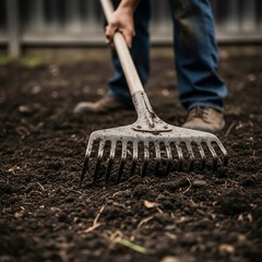 Person Raking Soil in Garden with Metal Rake.