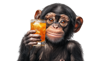 Monkey Holding a Glass of Orange Drink on transparent background