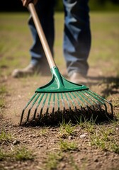 Person raking soil with a green leaf rake in garden.