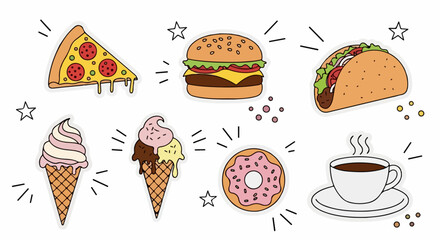 Food doodles collection with pizza, burger, and coffee