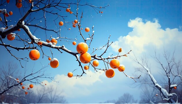 Orange fruits hang from a snow-dusted tree branch, set against a vibrant blue sky with fluffy white clouds.