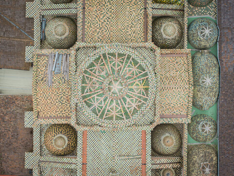 Aerial view of an intricate, geometric ceiling design featuring woven textures and circular patterns of the Metropolitan Cathedral, creating a mesmerizing visual tapestry, Quito, Ecuador.