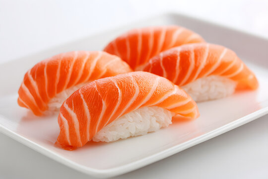 Fresh salmon nigiri sushi served on a white plate, showcasing vivid colors and delicate presentation for sushi lovers - Powered by Adobe