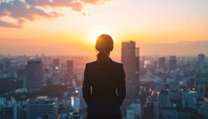 高いビルの屋上から街並みを見下ろすビジネスウーマンの後ろ姿の写真