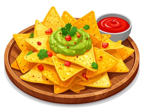 Cartoonish illustration of nachos with guacamole and salsa