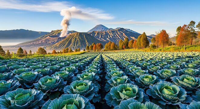 Cabbage Field with Mount Bromo in the Background, Indonesia.