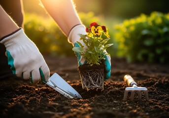 Planting Pansies - A Gardeners Touch in the Evening Light.