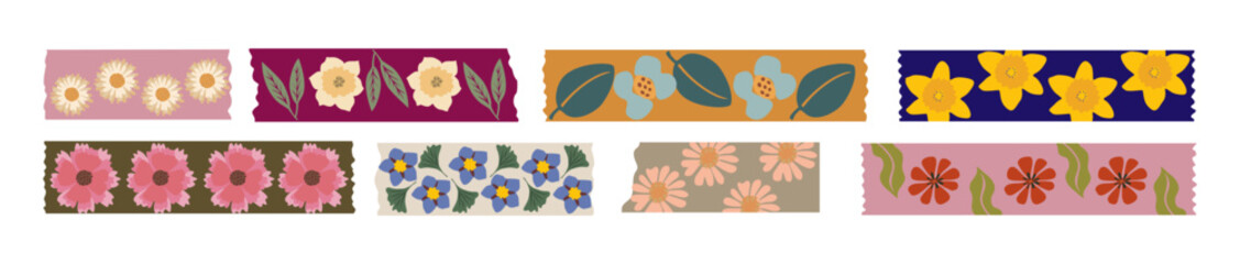 Washi tapes Abstract Flowers collection. Colorful scrapbook stripes, sticky label tags, decorative scotch strip with floral abstract elements. Border elements, digital stickers vector illustration.