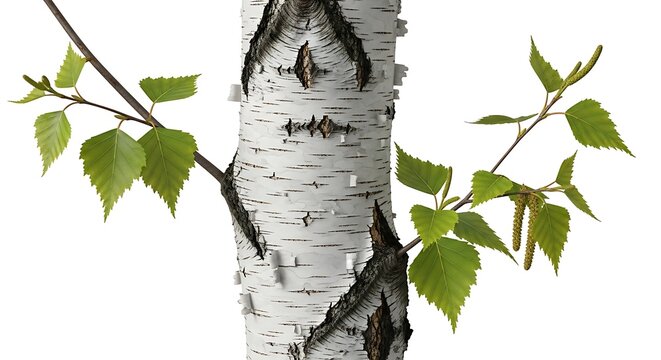Close up of a white birch tree trunk with green leaves