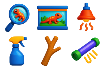 Reptile Observation Icons. 3D icon set of reptile observation tools: magnifying glass, terrarium, heat lamp, mist sprayer,