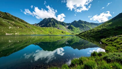 A pristine mountain lake perfectly mirrors the surrounding verdant slopes, jagged peaks, and a vibrant sky dotted with clouds.