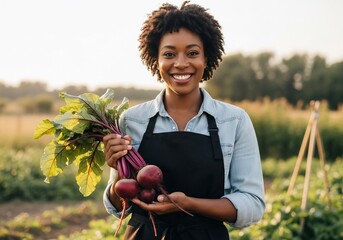 Smiling Woman Farmer Holding Freshly Harvested Beets in Field.