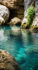 A stunning clear blue pool of water is nestled among rugged rock formations and green foliage, revealing its pristine depth.