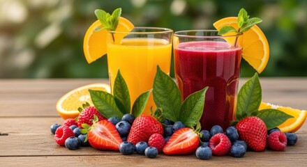 Two glasses of fresh fruit juices with orange and strawberry slices on a wooden table.