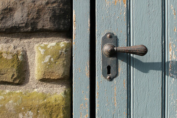 Antique Door Slightly Open with Stone Wall Featuring Metal Door Handle Hardware