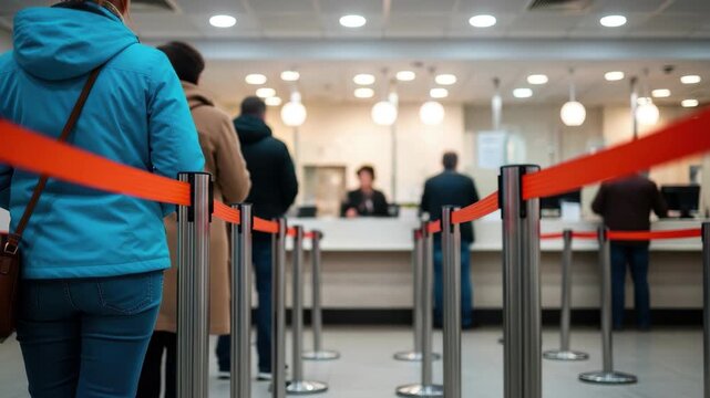 People patiently waiting in line at a busy financial institution for service 4k high quality footage
