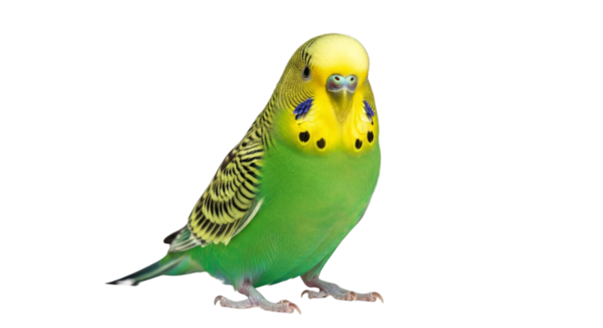 Isolated green parakeet pet bird avian animal studio shot on transparent background
