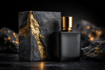 Elegance in Shadows, a Black Perfume Bottle Complemented by Natural Textures and Golden Accents