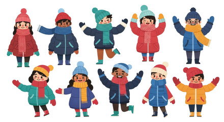 Group of diverse children dressed in warm winter clothing isolated on transparent background