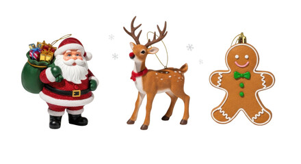 Fototapeta premium Christmas ornaments featuring santa claus reindeer and gingerbread man isolated on transparent background