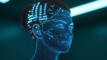 woman with wireframe overlay on face. profile turned slightly. digital interface elements on skin. scan data mapped across futuristic technology. portrait concept rendered in blue light. mesh overlay. - Powered by Adobe