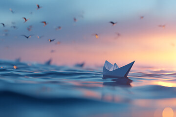 Paper Boat Sailing on Serene Water at Sunset, with Birds in The Sky, Peace and Hope