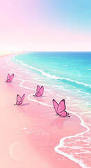 Pink butterflies rest on a pastel pink sandy beach with gentle turquoise waves under a clear sky.