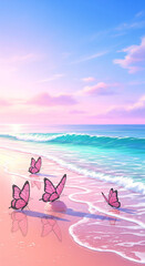 Pink butterflies rest on a pastel pink sandy beach with gentle turquoise waves under a clear sky.