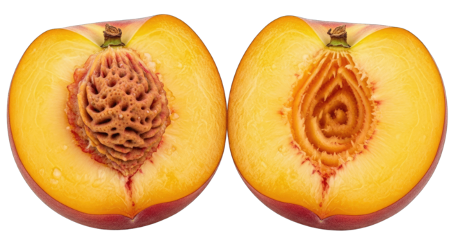 A Perfectly Halved Ripe Peach Showing Its Intricate Seed and Vibrant Golden Flesh with Pinkish Red Skin Isolated on a Transparent Background