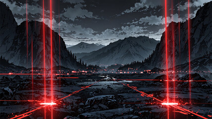 A dark mountain scene at night with glowing red laser lines crossing the land and sky