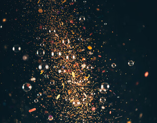 A dynamic display of floating glitter and bubbles against a dark backdrop creating a festive atmosphere