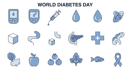 World Diabetes Day icons in blue. The set includes a blood glucose meter, needle, insulin drop, sugar cube, pancreas, first aid cross, healthy food and a blue diabetes awareness ribbon. Text: "WORLD D