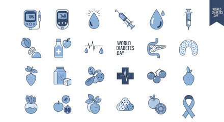 A grid of blue icons themed for World Diabetes Day. The icons include images of a blood glucose meter, insulin syringe, pancreas, and healthy food. The text included says "World Diabetes Day