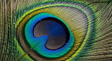 Obraz premium Vibrant peacock feather full screen view, nature-inspired abstract pattern, exotic bird feather design, shiny colorful eye spot, 4k image