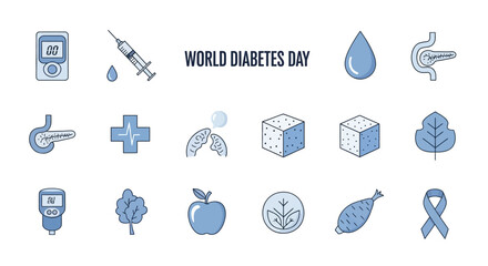 World Diabetes Day icons include a glucose meter, syringe, sugar cubes, and more, rendered in a blue line art style. The image includes the text "WORLD DIABETES DAY