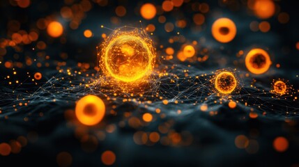 Abstract glowing spheres on a dark digital landscape