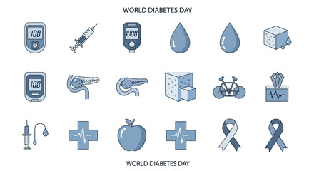 World Diabetes Day. Icons include glucose meter, syringe, blood drop, sugar cube, pancreas, bicycle, apple, medical cross, and awareness ribbon with title text