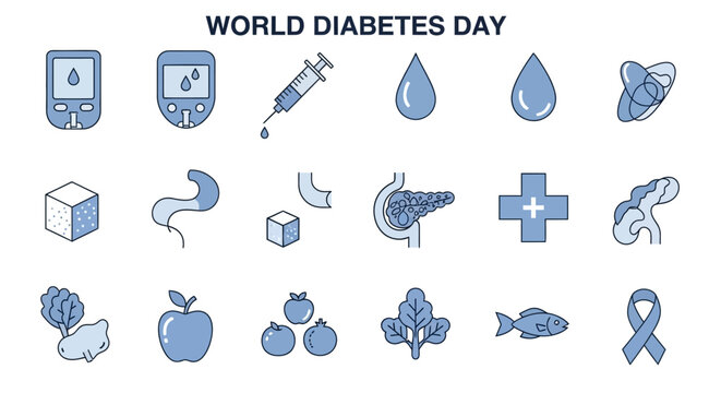 World Diabetes Day icons in blue. The set includes a blood glucose meter, needle, insulin drop, sugar cube, pancreas, first aid cross, healthy food and a blue diabetes awareness ribbon. Text: "WORLD D