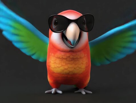 A cute cartoon parrot wearing sunglasses, standing against a dark background