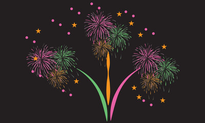 set of beautiful fireworks, vector illustration, icons isolated on dark blue background. Happy New Year card, poster, banner. Simple flat linear design