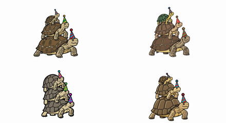 Obraz premium Stack of turtles wearing party hats